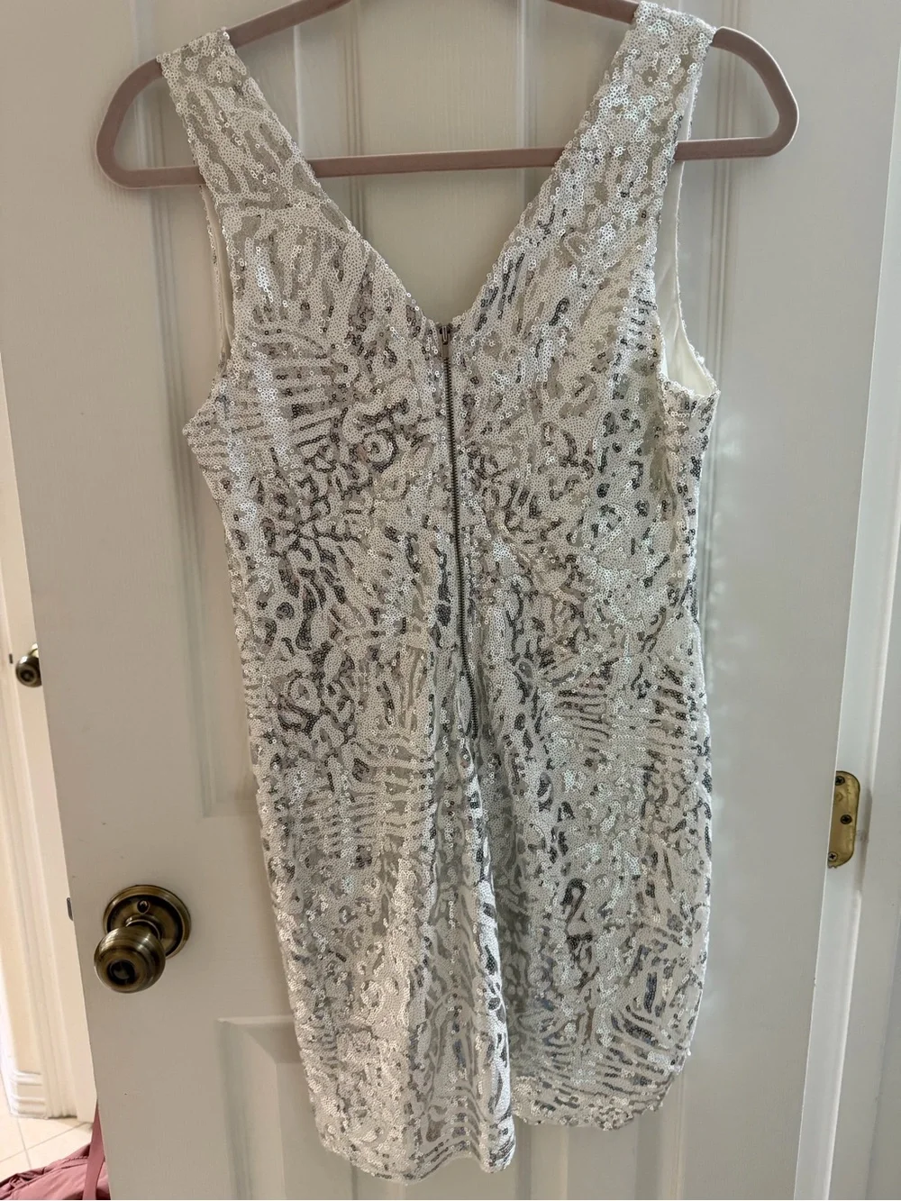 Forever 21 White & Silver Sequined V-Neck Mini Dress